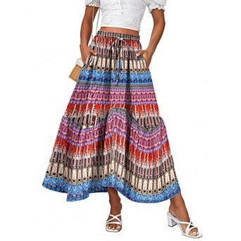 Zeagoo Women's High Waisted Tiered Boho Midi Long Skirt with Pockets Beach Outfits