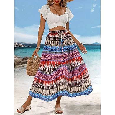Zeagoo Women's High Waisted Tiered Boho Midi Long Skirt with Pockets Beach Outfits
