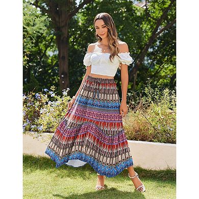 Zeagoo Women's High Waisted Tiered Boho Midi Long Skirt with Pockets Beach Outfits