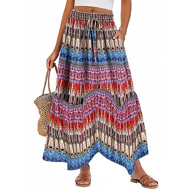 Zeagoo Women's High Waisted Tiered Boho Midi Long Skirt with Pockets Beach Outfits