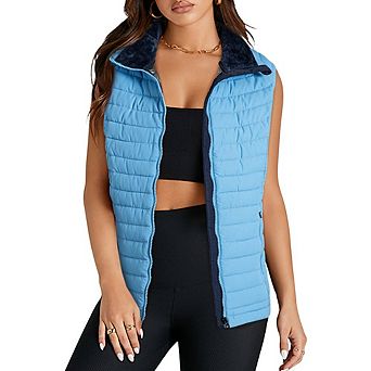 Sky Blue Plush Collared Quilted Zipped Puffer Vest