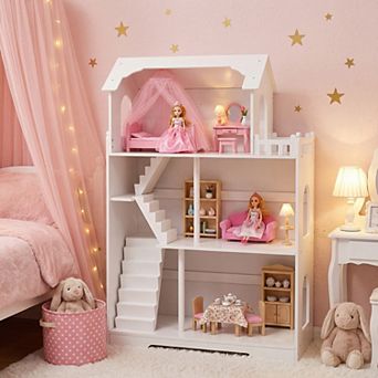 Angel Sar 3 tier Wooden Dollhouse Bookshelf, Cottage Style Kids Bookcase for Bedroom & Playroom