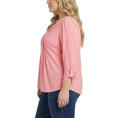 Plus Size Long Sleeve Pleat Front Roll Tab Top