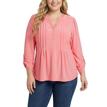 Plus Size Long Sleeve Pleat Front Roll Tab Top