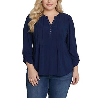 Plus Size Long Sleeve Pleat Front Roll Tab Top