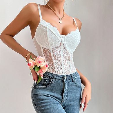 Women Corset Top Floral Lace Mesh Sheer Bodysuit Cami Outfits