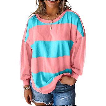 Colorblock Striped Drop Shoulder Loose Top