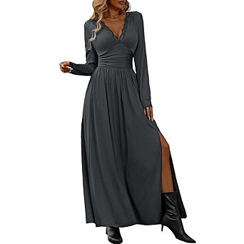 Women Elegant Deep V Neck Long Sleeve Maxi Dress Slit Formal Wedding Guest Cocktail Prom Dress