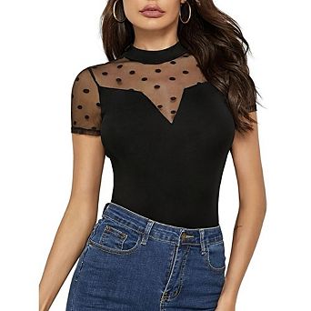 Mesh Short Sleeve Lace Sheer Tops for Women See Through Crew Neck Dot Summer Blouse Shirts