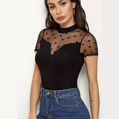 Mesh Short Sleeve Lace Sheer Tops for Women See Through Crew Neck Dot Summer Blouse Shirts