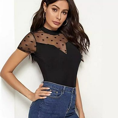 Mesh Short Sleeve Lace Sheer Tops for Women See Through Crew Neck Dot Summer Blouse Shirts