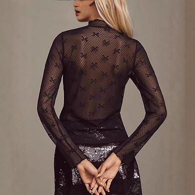 Womens Mesh Long Sleeve Crew Neck See Through Party Club Night Lace Tee Shirts