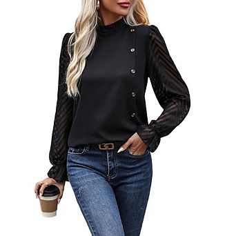 Women Business Formal Fall Blouse Top Sheer Lace Long Sleeve Pleated Mock Neck Work Office Tee Shirt