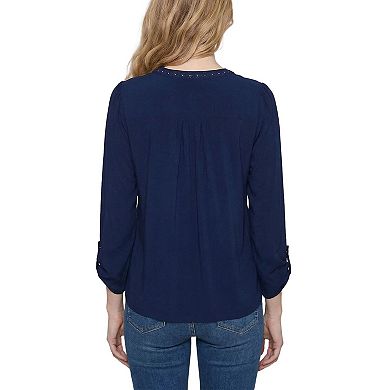 Petite Long Sleeve Pleat Front Roll Tab Top
