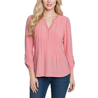 Petite Long Sleeve Pleat Front Roll Tab Top