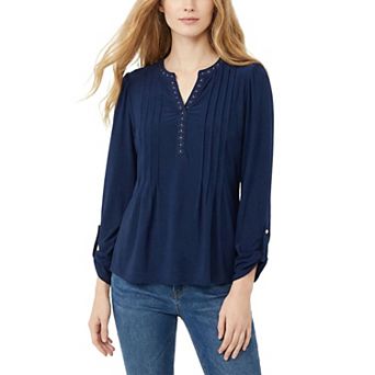 Petite Long Sleeve Pleat Front Roll Tab Top