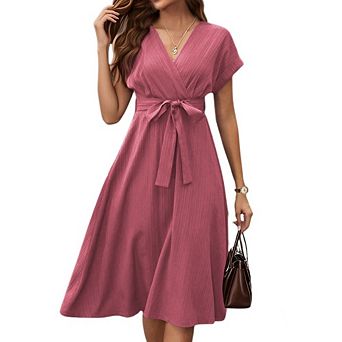 Women Elegant V Neck Short Sleeve A Line Midi Dress Dressy Casual Slim Fit Cocktail Dress