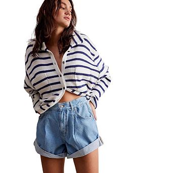 Women Mid Waisted Folded Hem Ripped Denim Shorts