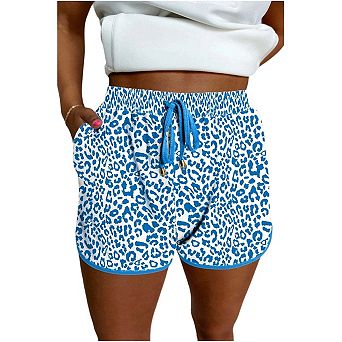 Pink Leopard Elastic Waistband Lace up Contrast Trim Casual Shorts