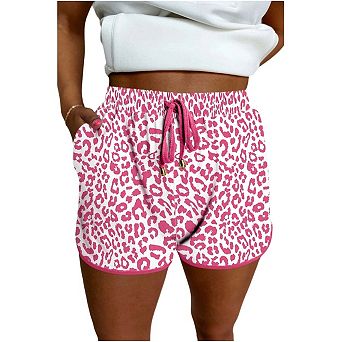 Pink Leopard Elastic Waistband Lace up Contrast Trim Casual Shorts
