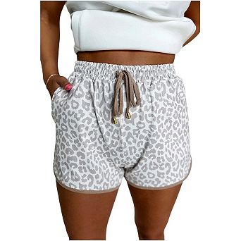 Pink Leopard Elastic Waistband Lace up Contrast Trim Casual Shorts