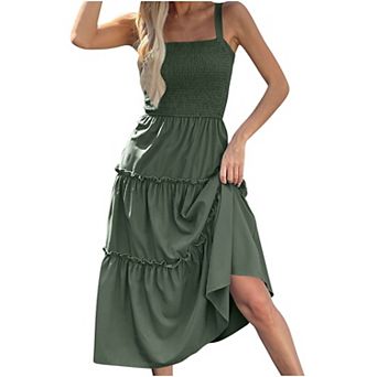 Womens Sleeveless Midi Dress Summer Dresses Square Neck Smocked Ruffle Beach Sundress