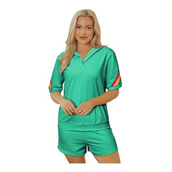 Colorblock Collared Short Sleeve Top 2 pc Shorts Set