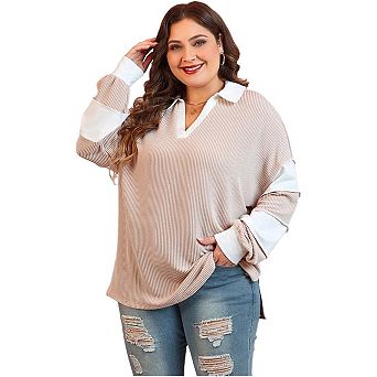 Corded Colorblock Long Sleeve Slit V Neck Plus Size Top