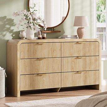 55" Modern Fluted 6-Drawer Dresser, Natural Wood Bedroom Chest with Gold Handles & Wave Design