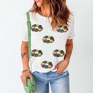 Sequined Mardi Gras Pattern Crew Neck Short Sleeve Top
