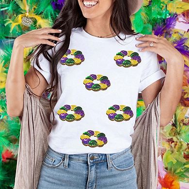 Sequined Mardi Gras Pattern Crew Neck Short Sleeve Top