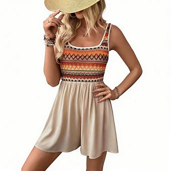 Women Boho Square Neck Jumpsuit Sleeveless Tank Top Short Pants Jumpsuit Summer Beach Travel Romper