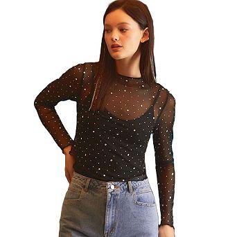 Rhinestone Sheer Mesh Slim Fit Long Sleeve Top