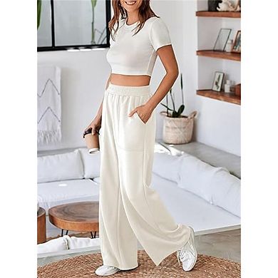Women's Wide Leg Elastic High Waisted Sweat Pants with Pockets