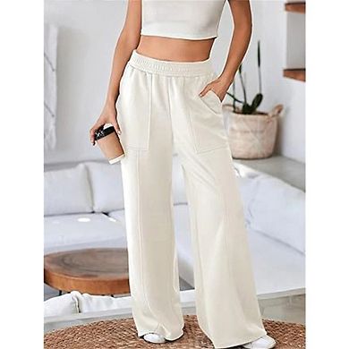 Women's Wide Leg Elastic High Waisted Sweat Pants with Pockets