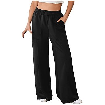 Women's Wide Leg Elastic High Waisted Sweat Pants with Pockets