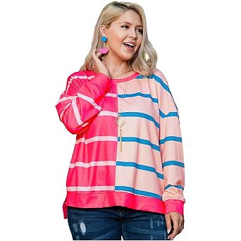 Stripe Color Block Crewneck Long Sleeve Plus Size T Shirt