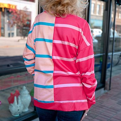 Stripe Color Block Crewneck Long Sleeve Plus Size T Shirt