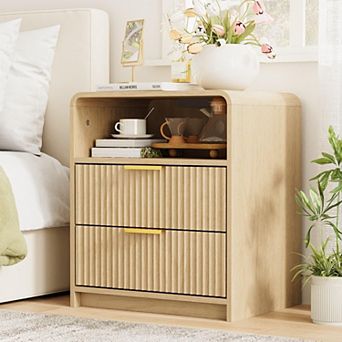 Fluted Nightstand with Charging Station, Mid-Century Modern Bedside Table, Oak