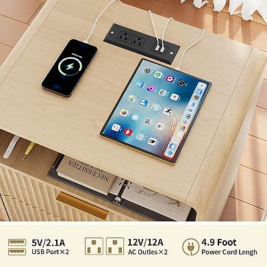 Fluted Nightstand with Charging Station, Mid-Century Modern Bedside Table, Oak