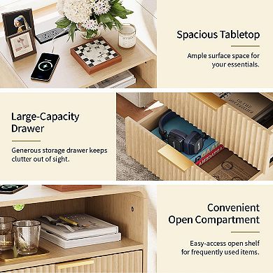 Fluted Nightstand with Charging Station, Mid-Century Modern Bedside Table, Oak