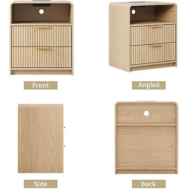 Fluted Nightstand with Charging Station, Mid-Century Modern Bedside Table, Oak