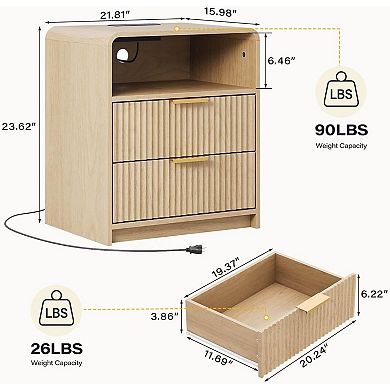 Fluted Nightstand with Charging Station, Mid-Century Modern Bedside Table, Oak