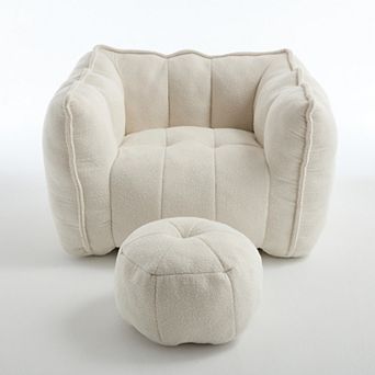 GOMYHOME Cloud Bouclé Accent Chair and Ottoman Set, Oversized Deep Seat, Channel Tufted, Cream