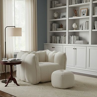 GOMYHOME Cloud Bouclé Accent Chair and Ottoman Set, Oversized Deep Seat, Channel Tufted, Cream