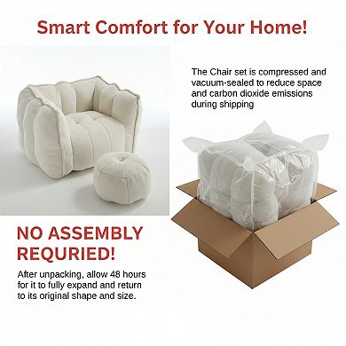 GOMYHOME Cloud Bouclé Accent Chair and Ottoman Set, Oversized Deep Seat, Channel Tufted, Cream