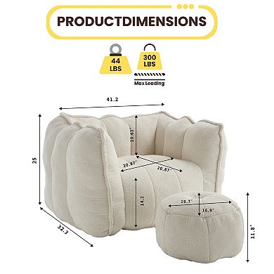 GOMYHOME Cloud Bouclé Accent Chair and Ottoman Set, Oversized Deep Seat, Channel Tufted, Cream