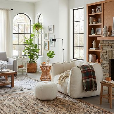 GOMYHOME Cloud Bouclé Accent Chair and Ottoman Set, Oversized Deep Seat, Channel Tufted, Cream