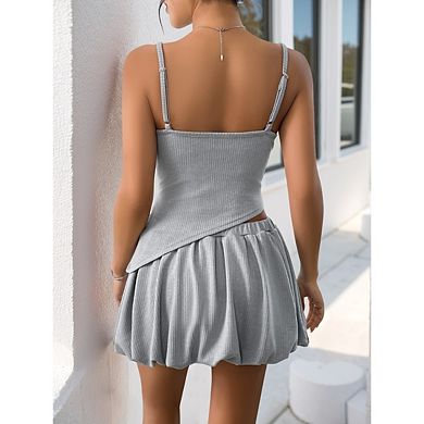 Women 2 Piece Set Crop Camisole Slim Fitted Basic Cami Top and Shorts Set
