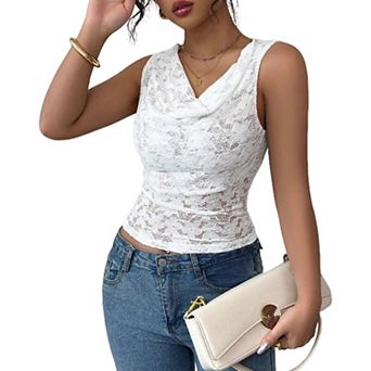 Women's Floral Lace V Neck Summer Casual Shirt Sleeveless Slim Fit Boho Tank Top Sheer Blouse